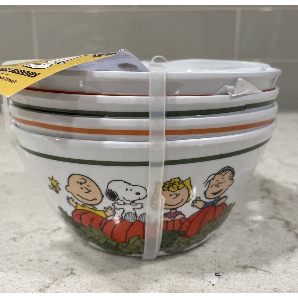 Set 4 HAPPY FALL BUDDIES Peanuts 6x3” Melamine Bowls Thanksgiving Pumpkin Snoopy